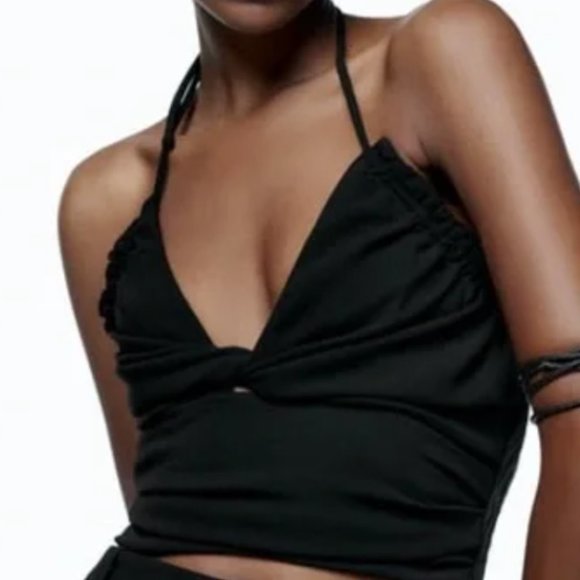 ZARA Black Crepe Double Lined Stretch Smocked Sides Draped Halter Crop Top - Picture 4 of 6